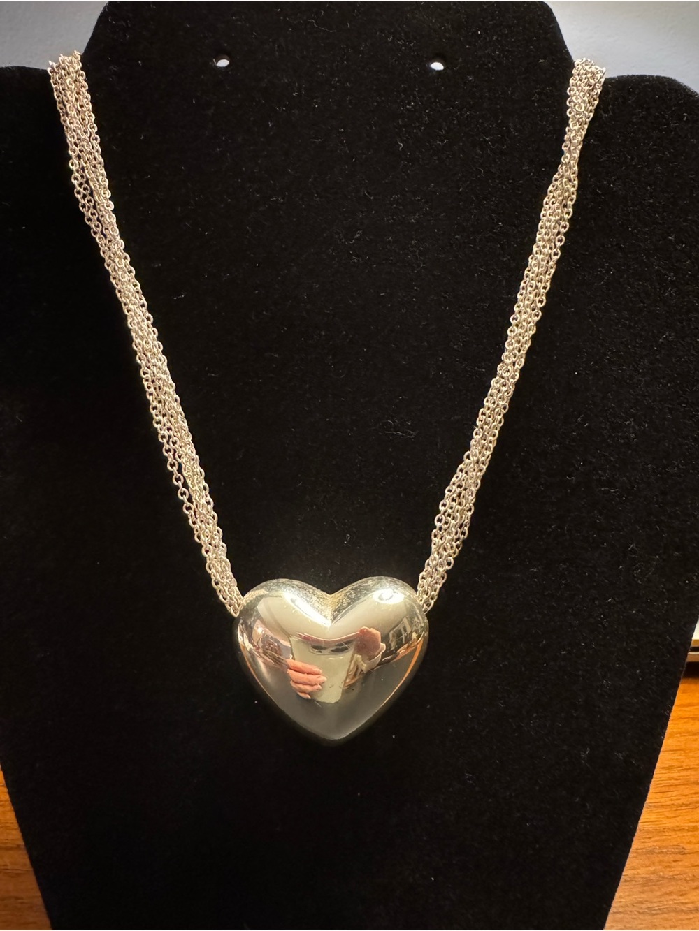 Silver Tone Multi Strand Chain Puffy Heart Slider Necklace - 16” with Extenders
